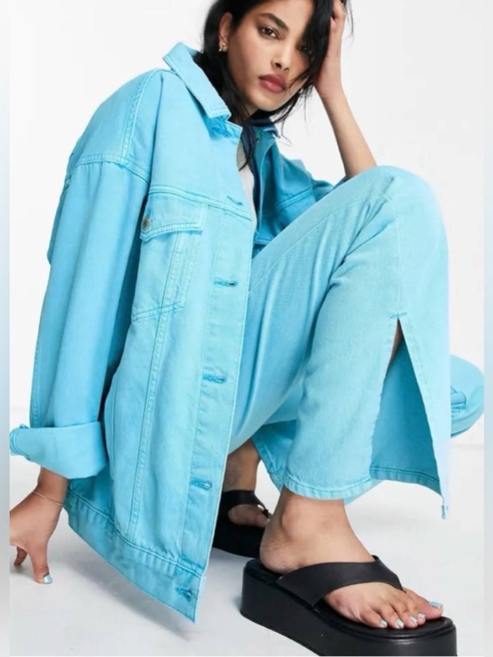 NWT TopShop KORT Women’s 12 Tall / 34x34 Long Denim Bright Blue Jeans Slit Hem